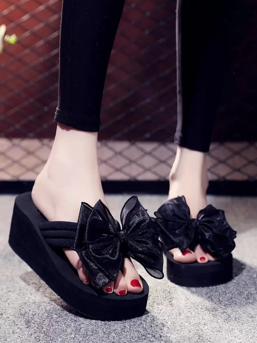 1 Pair Women's Bow Decor Thick Sole Slide Sandals, High Heel Fashion Flip Flops For Summer