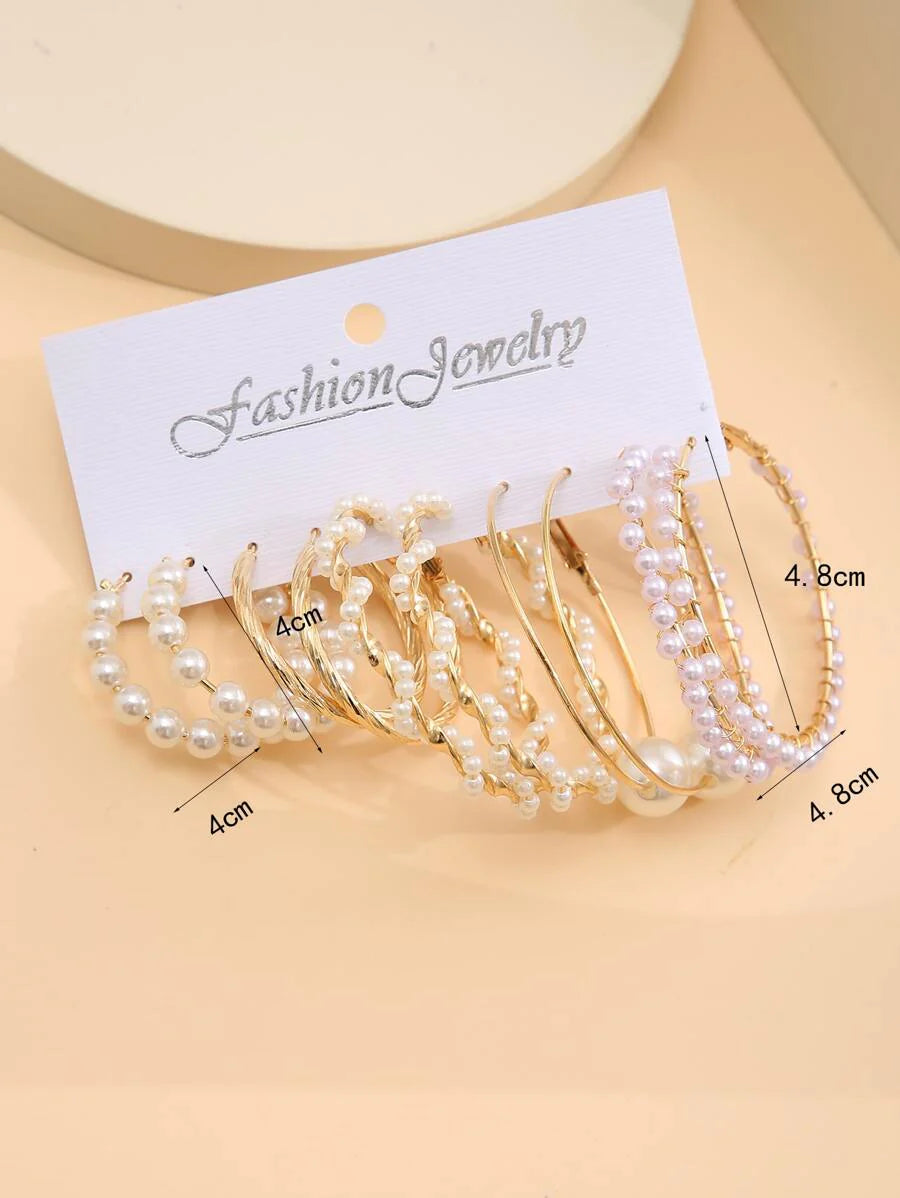 5pairs Faux Pearl Decor Hoop Earrings