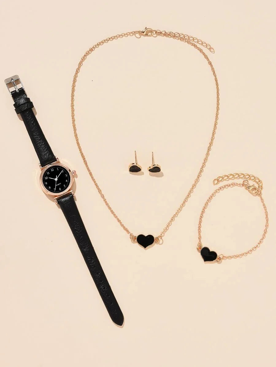 1pc Ladies Watch Quartz Watch & 4pcs Bracelet Necklace Earrings Heart Decor Jewelry Set Valentines