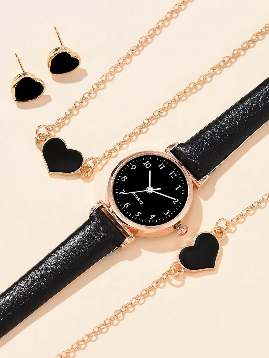 1pc Ladies Watch Quartz Watch & 4pcs Bracelet Necklace Earrings Heart Decor Jewelry Set Valentines