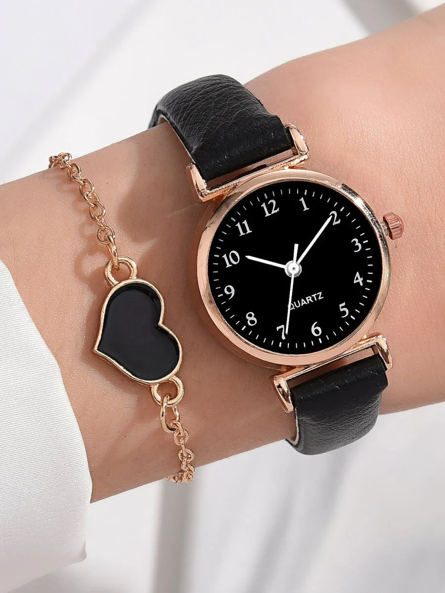 1pc Ladies Watch Quartz Watch & 4pcs Bracelet Necklace Earrings Heart Decor Jewelry Set Valentines