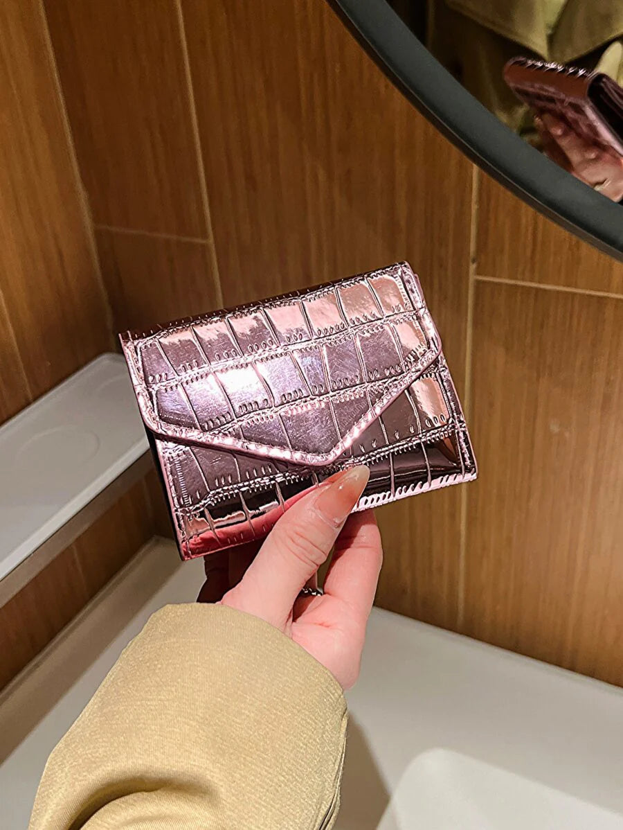 Metallic Crocodile Embossed Pocket Wallet Small Bi-Fold Slim Women Wallet PU Leather ID Card Minimalist Fashion Modern Business Anniversary On Valentine Day For Birthday GiftFemale Lady Girls Women Gift Gift Bag Present Gifts For Teachers Hot Pink Busines