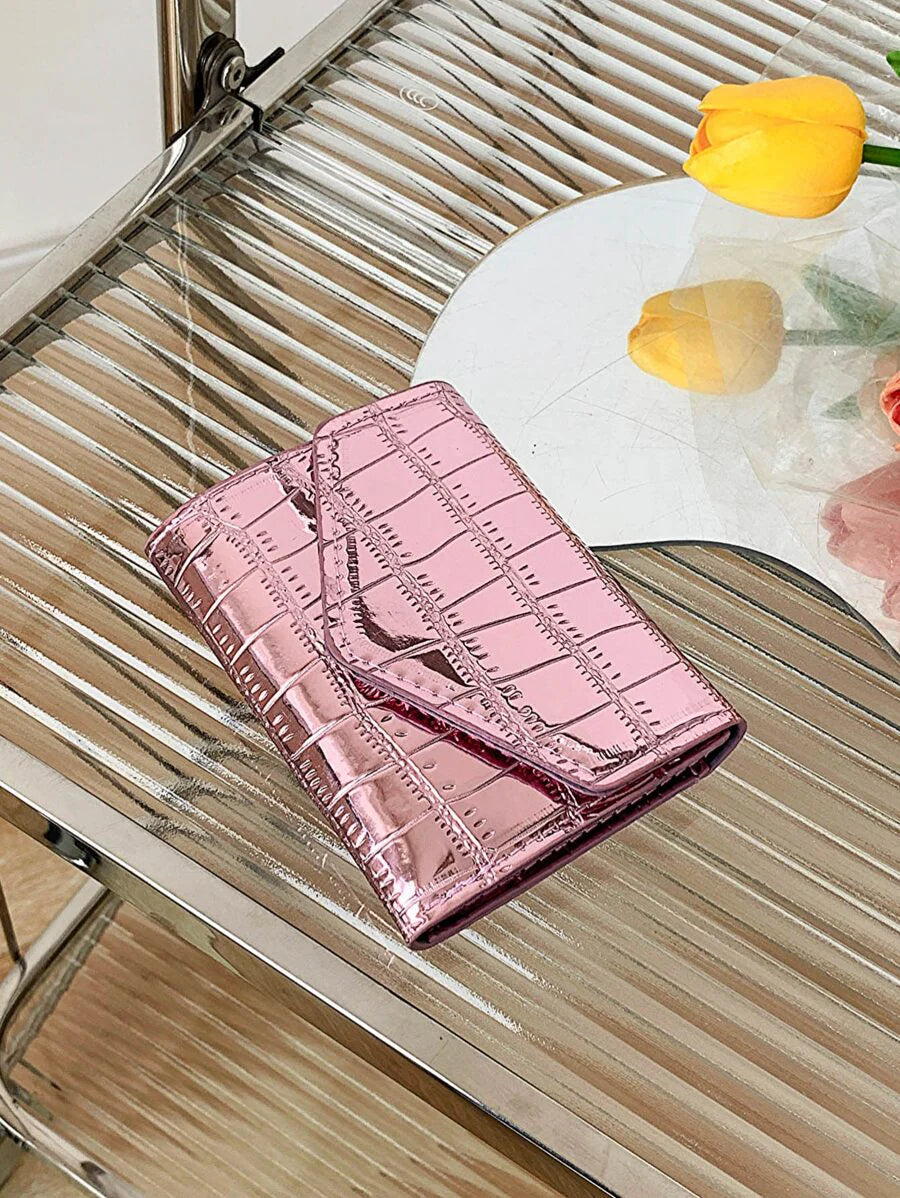 Metallic Crocodile Embossed Pocket Wallet Small Bi-Fold Slim Women Wallet PU Leather ID Card Minimalist Fashion Modern Business Anniversary On Valentine Day For Birthday GiftFemale Lady Girls Women Gift Gift Bag Present Gifts For Teachers Hot Pink Busines