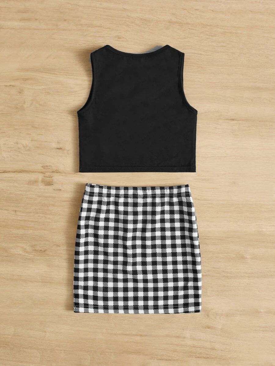SHEIN Young Girl Heart Print Tank Top & Gingham Skirt