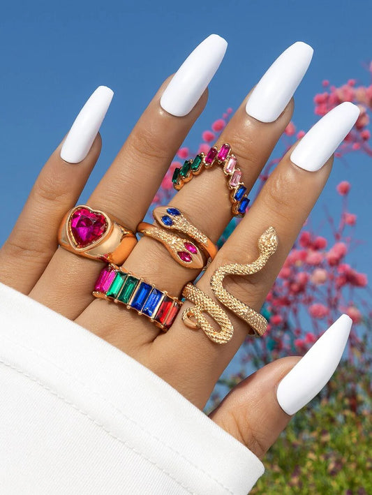 imoli 5pcs Random Color Rhinestone & Snake Decor Ring