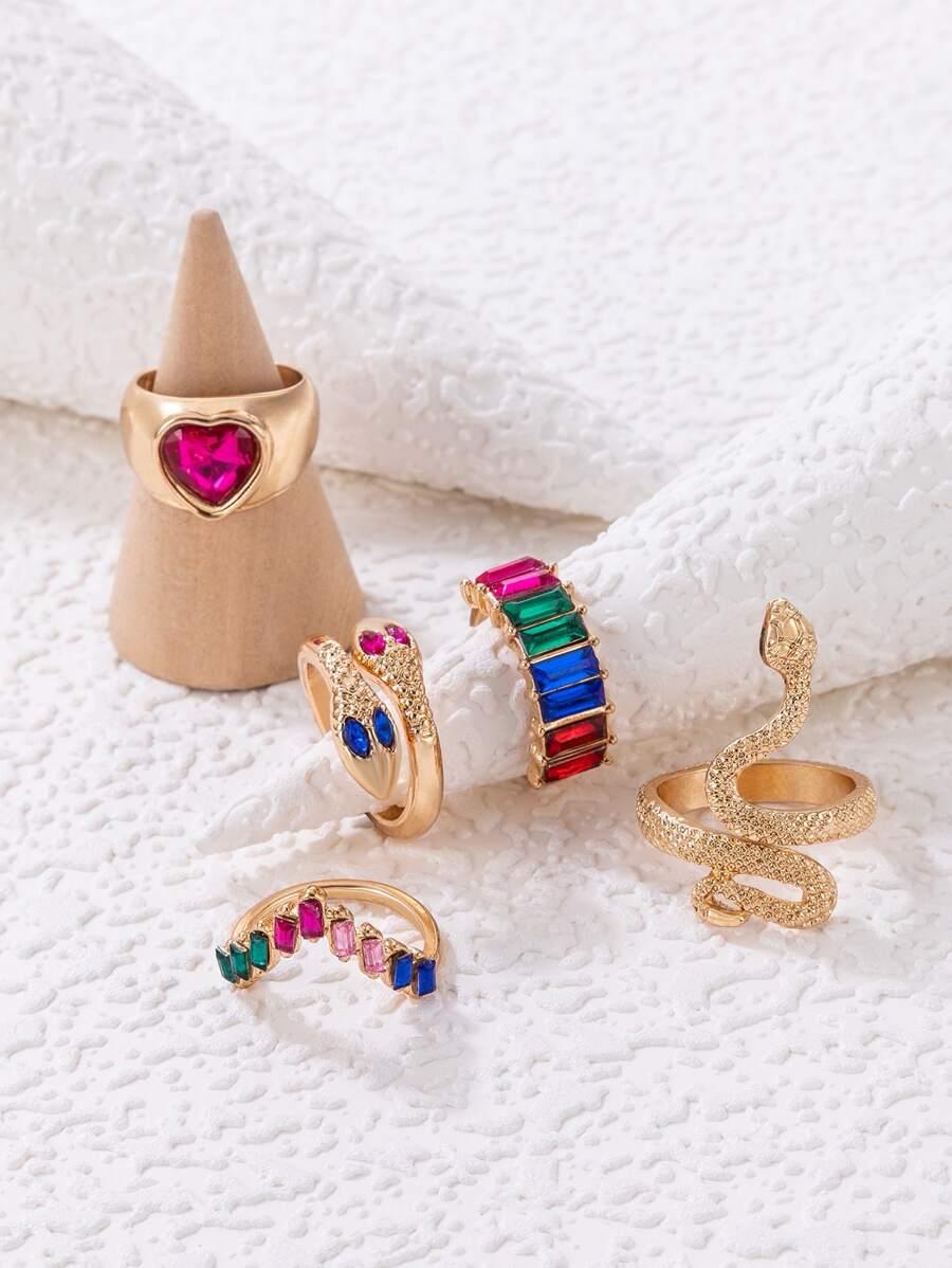 imoli 5pcs Random Color Rhinestone & Snake Decor Ring