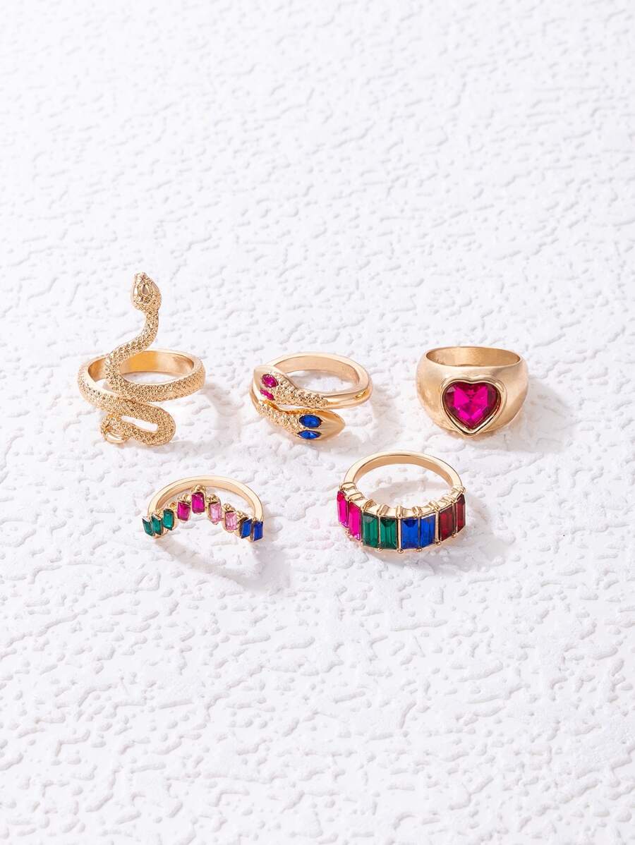 imoli 5pcs Random Color Rhinestone & Snake Decor Ring