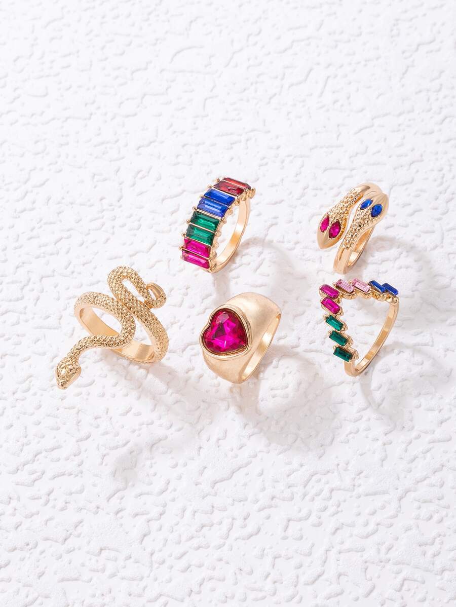 imoli 5pcs Random Color Rhinestone & Snake Decor Ring