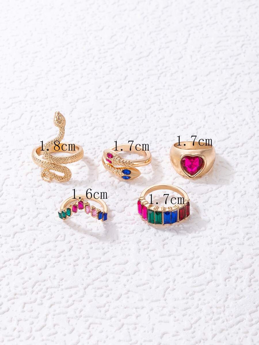 imoli 5pcs Random Color Rhinestone & Snake Decor Ring