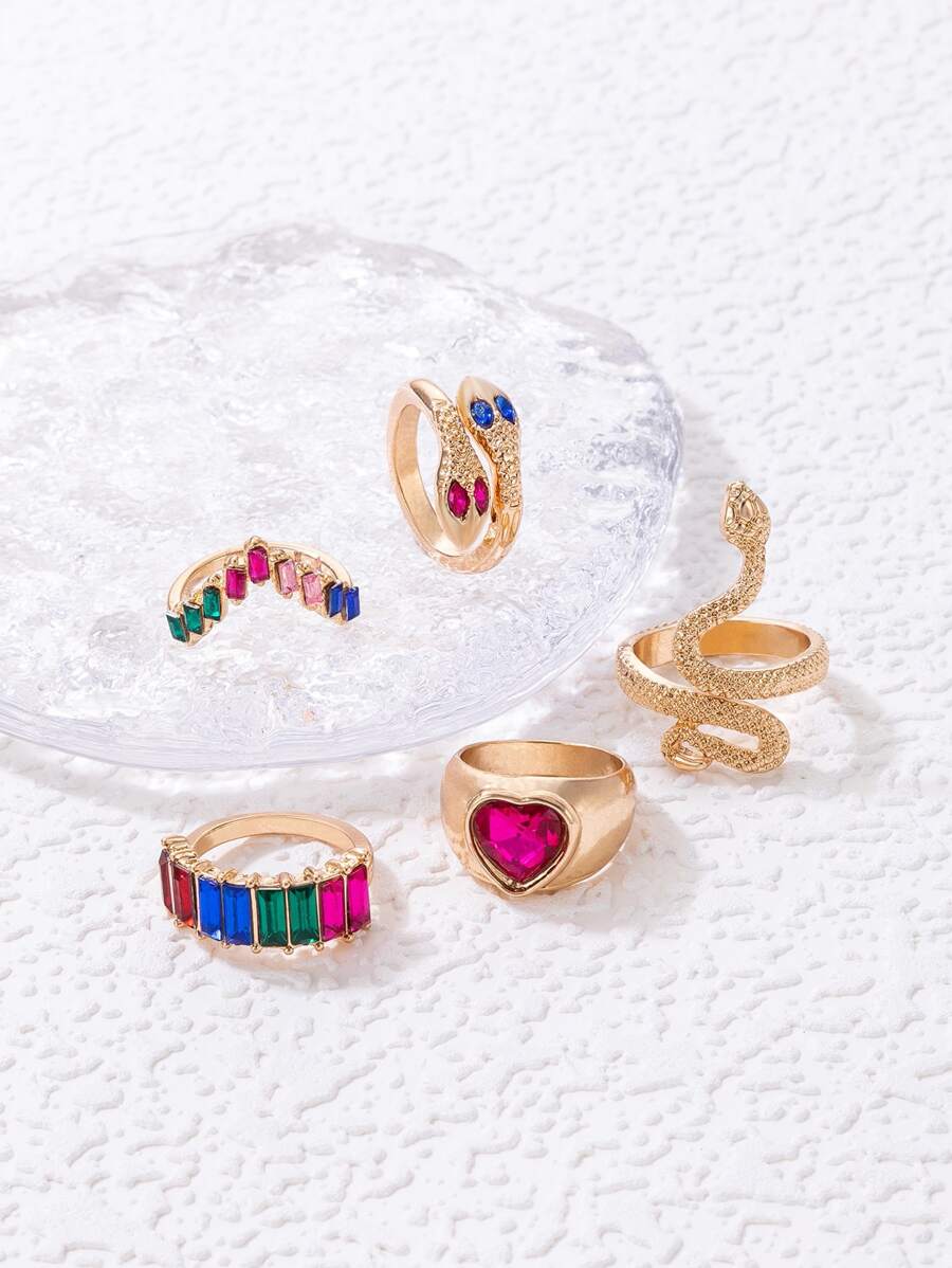 imoli 5pcs Random Color Rhinestone & Snake Decor Ring