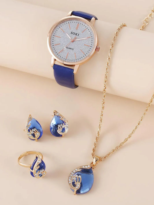 SOKI SOKI 5Pcs Women's Watch Stylish Casual Elegant Numerals Dial Quartz Watch And Crystal Set Water Drop Peacock Pendant Necklace,Earrings,Ring Set Suitable For Daily Wear, Back-To-School Season, Graduation Season, Thanksgiving, Couples, The Best Gifts