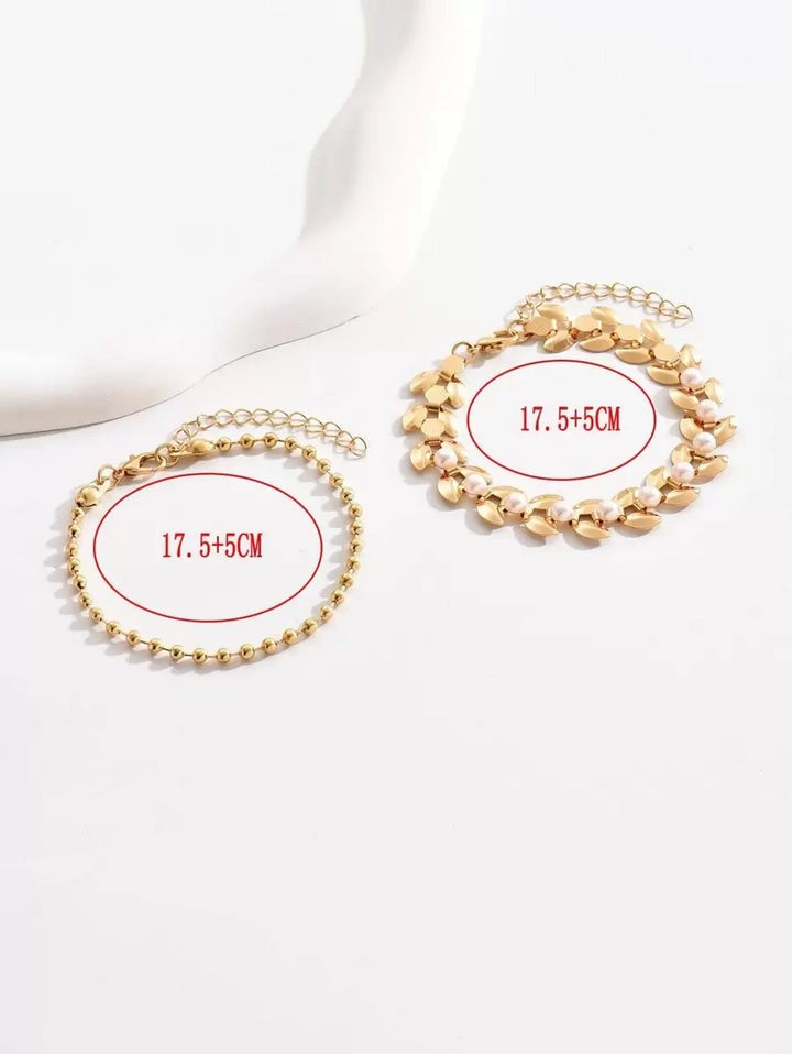 2pcs Women Gold Wheat Ear Charm Bracelet (Customized Length, Adjustable Pearl & Crystal Quantity)