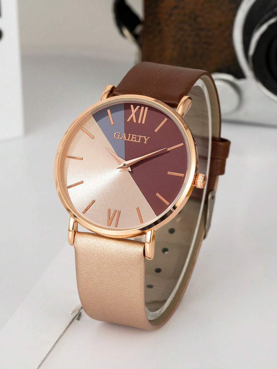 GAIETY 1pc Ladies Watch Women Khaki & Coffee Brown PU Polyurethane Strap Fashion Round Dial Quartz Watch & 1pc Zinc Alloy Rhinestone Faux Pearl Decor Bangle Bracelet, For Daily Life Holiday