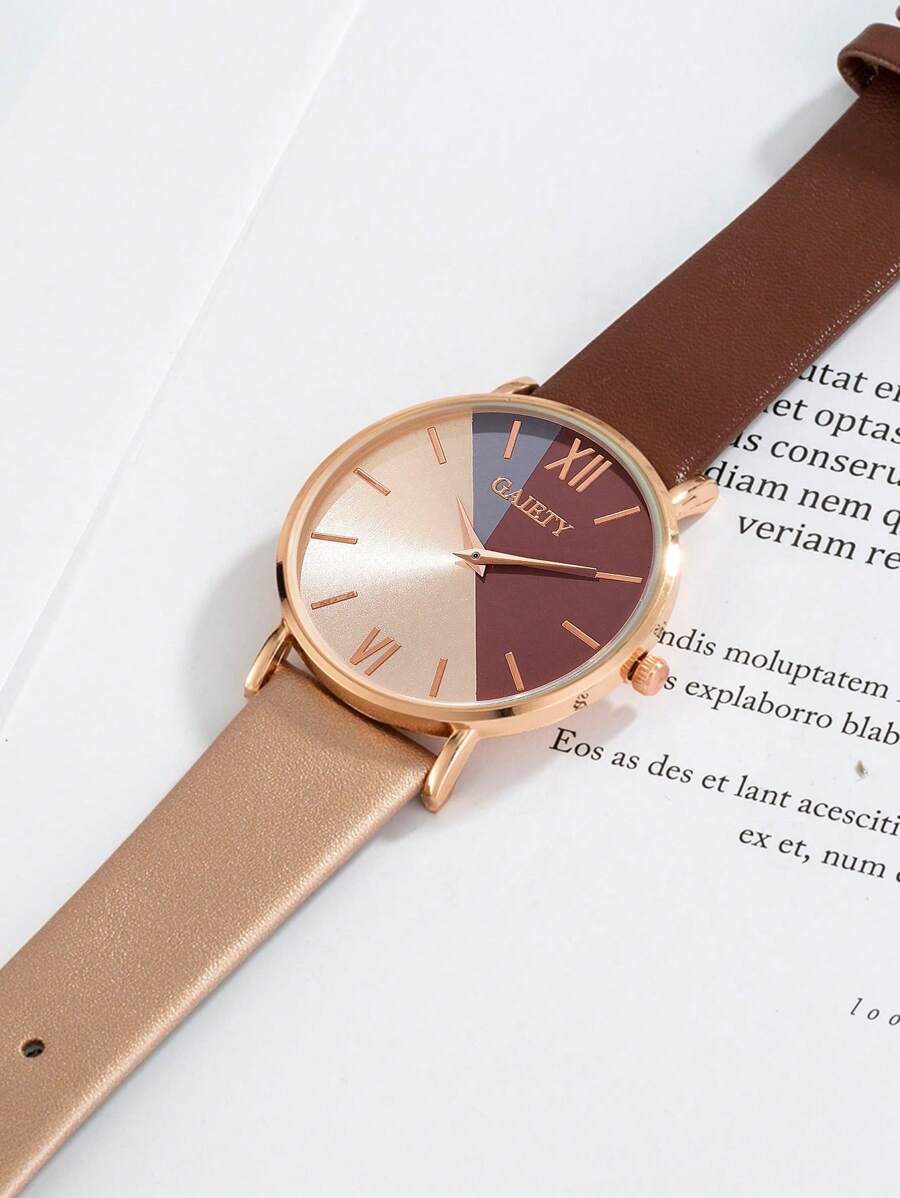 GAIETY 1pc Ladies Watch Women Khaki & Coffee Brown PU Polyurethane Strap Fashion Round Dial Quartz Watch & 1pc Zinc Alloy Rhinestone Faux Pearl Decor Bangle Bracelet, For Daily Life Holiday