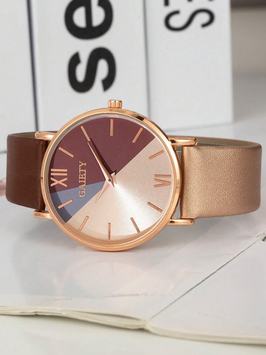 GAIETY 1pc Ladies Watch Women Khaki & Coffee Brown PU Polyurethane Strap Fashion Round Dial Quartz Watch & 1pc Zinc Alloy Rhinestone Faux Pearl Decor Bangle Bracelet, For Daily Life Holiday