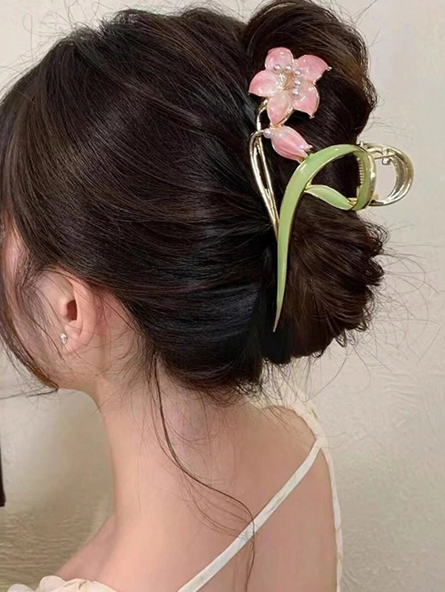 Flower Design Hair Claw Tulip Flower Large Hair Claw Clips For Women Girls 90s Non Slip Strong Hold Metal Jaw Clips Hair Barrettes Hair Clamps For Thick Thin Curly Hair Boho Valentine's Day Summer