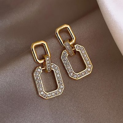 1pair Fashion Stainless Steel Cubic Zirconia Decor Geometric Drop Earrings For Women For Daily Decoration