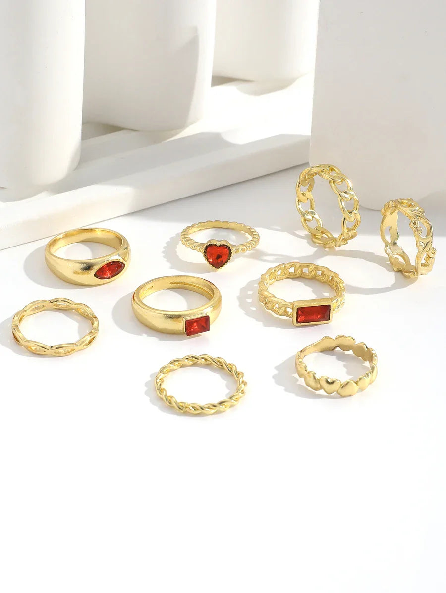 9pcs/set Creative Hollow Out Chain & Heart Shaped Ring, Minimalist Gemstone-embellished Ring Set