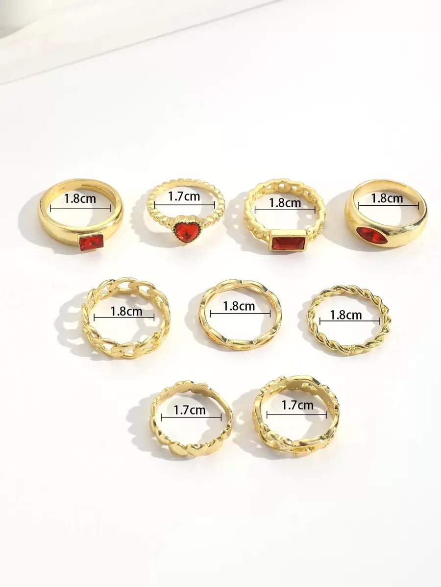 9pcs/set Creative Hollow Out Chain & Heart Shaped Ring, Minimalist Gemstone-embellished Ring Set