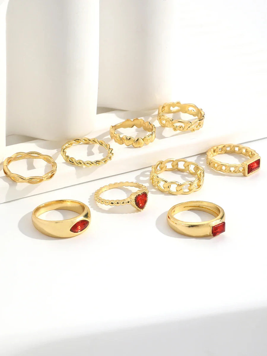 9pcs/set Creative Hollow Out Chain & Heart Shaped Ring, Minimalist Gemstone-embellished Ring Set