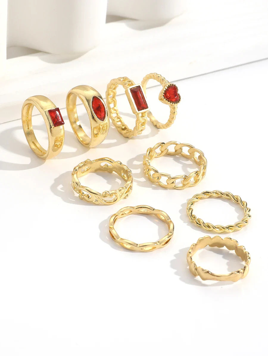 9pcs/set Creative Hollow Out Chain & Heart Shaped Ring, Minimalist Gemstone-embellished Ring Set
