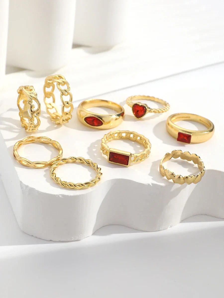 9pcs/set Creative Hollow Out Chain & Heart Shaped Ring, Minimalist Gemstone-embellished Ring Set