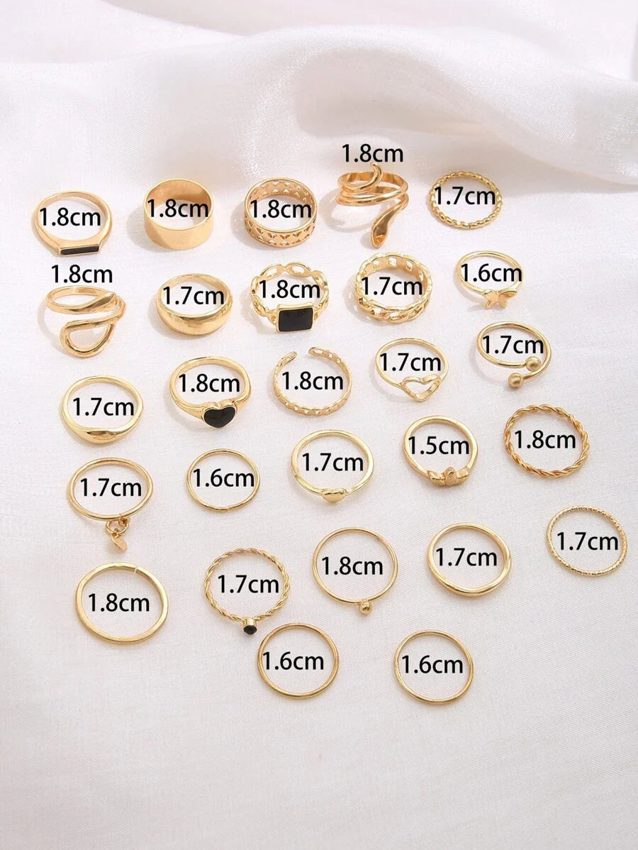 27pcs/Set Personality Black Droplet Heart Square Shaped Ring Set For Summer Valentines,Mom,Mother,Mother's Day,Gift