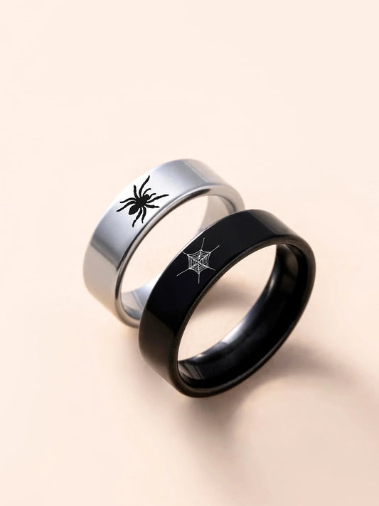 suteyi 2pcs Stainless Steel Spider Print Couple Rings, Halloween Spider Dark Rings