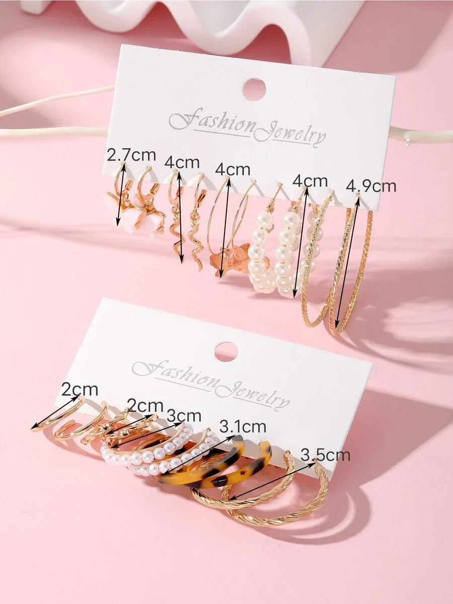 20pcs Exaggerated Personality Big Circle Faux Pearl Butterfly Snake Ear Cuff Earrings Set