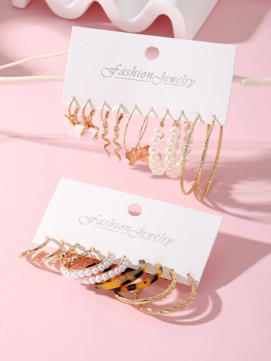 20pcs Exaggerated Personality Big Circle Faux Pearl Butterfly Snake Ear Cuff Earrings Set