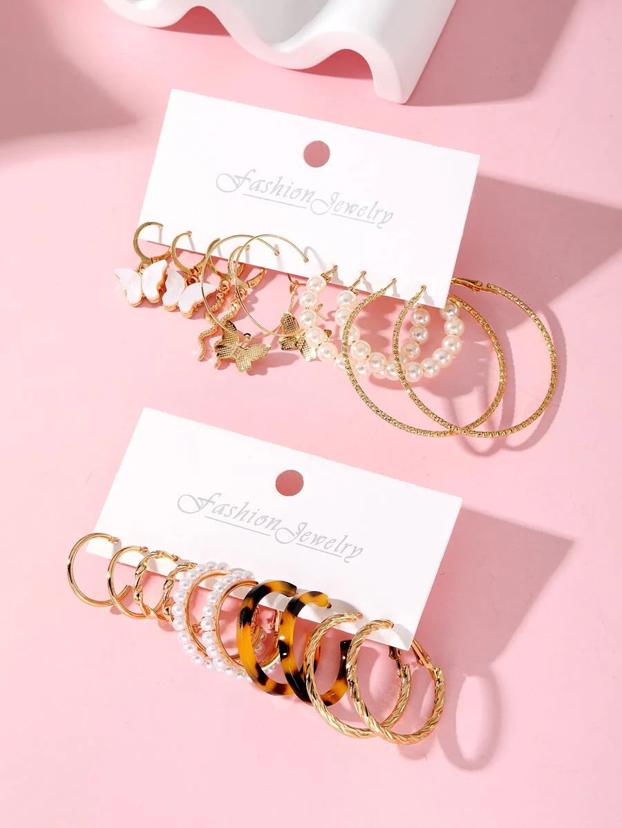 20pcs Exaggerated Personality Big Circle Faux Pearl Butterfly Snake Ear Cuff Earrings Set