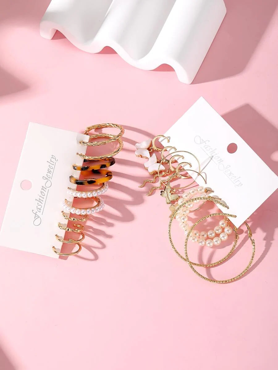 20pcs Exaggerated Personality Big Circle Faux Pearl Butterfly Snake Ear Cuff Earrings Set