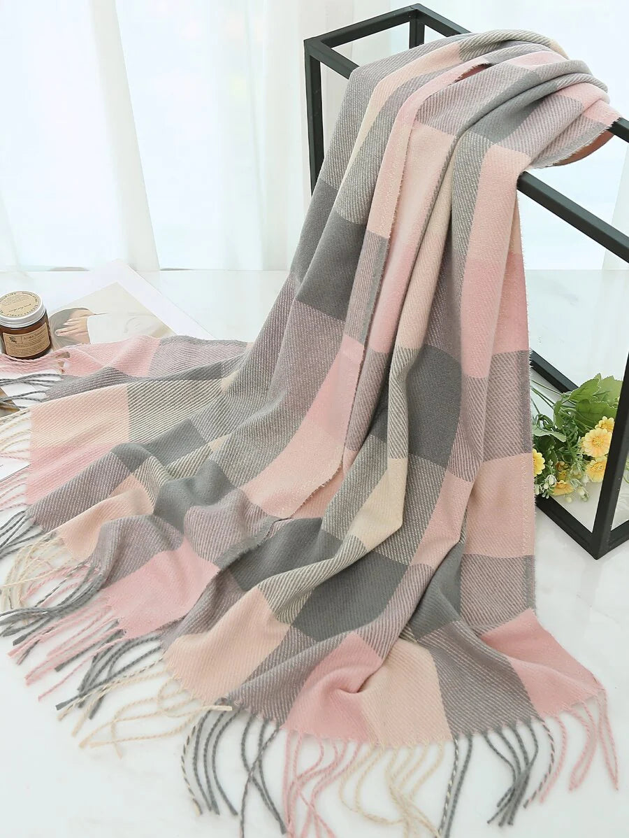 1pc Woman Winter New Head Scarf Imitation Cashmere Plaid Ladies Scarves , Simple Fashion Tassel Ring Scarf Warm Shawl Blanket Unisex Cold, Suitable For Winter Scarf