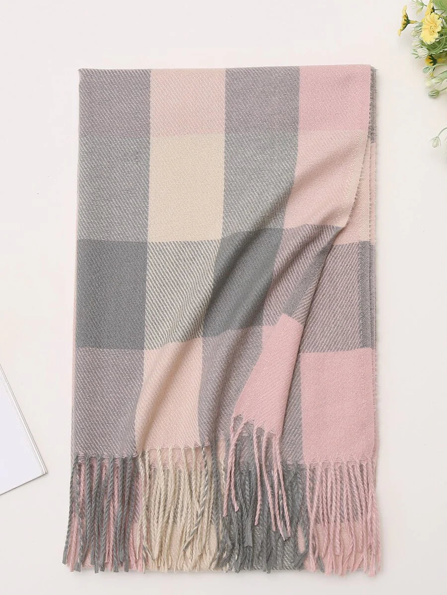 1pc Woman Winter New Head Scarf Imitation Cashmere Plaid Ladies Scarves , Simple Fashion Tassel Ring Scarf Warm Shawl Blanket Unisex Cold, Suitable For Winter Scarf