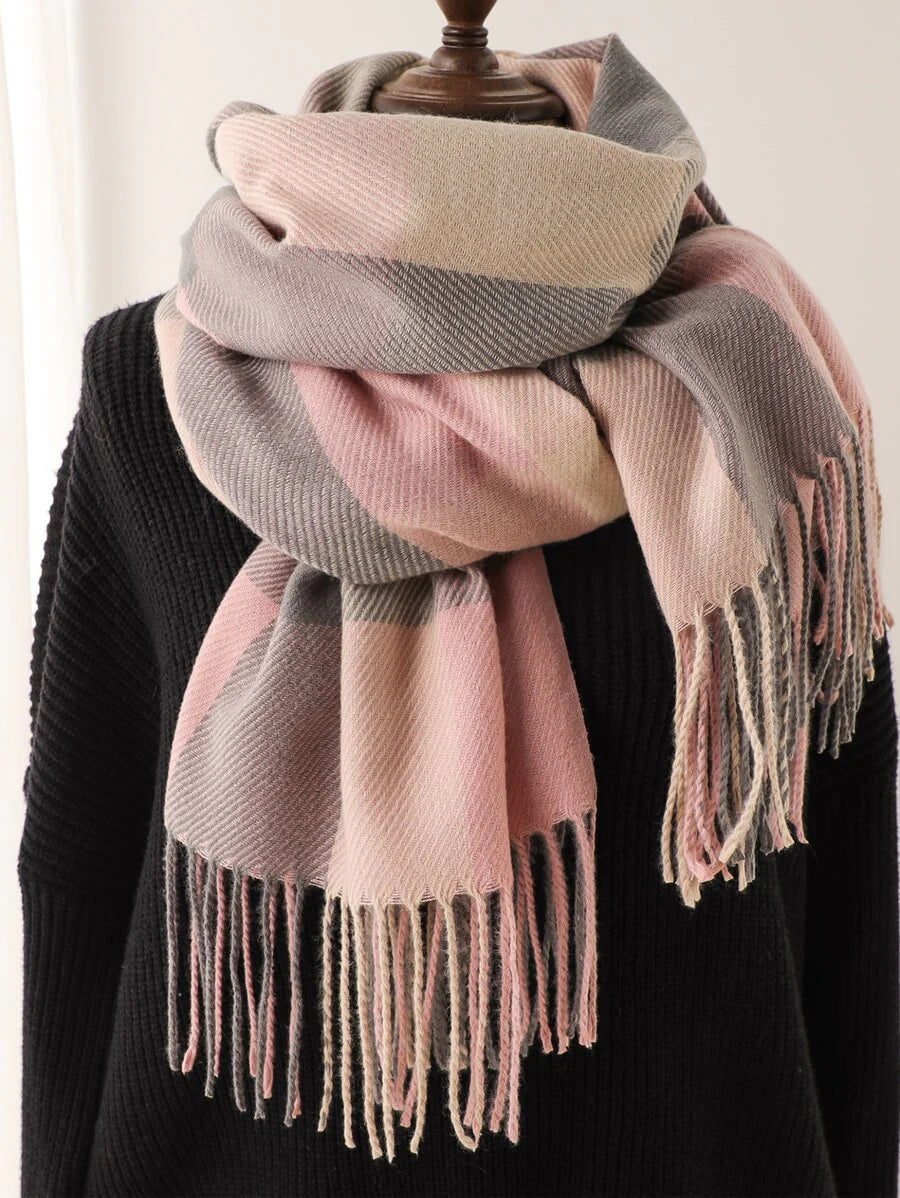 1pc Woman Winter New Head Scarf Imitation Cashmere Plaid Ladies Scarves , Simple Fashion Tassel Ring Scarf Warm Shawl Blanket Unisex Cold, Suitable For Winter Scarf