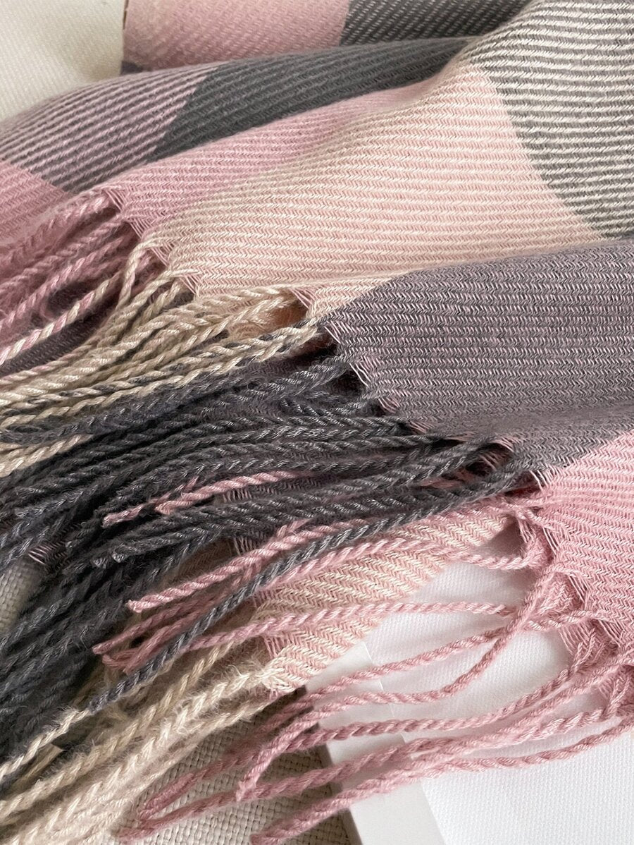 1pc Woman Winter New Head Scarf Imitation Cashmere Plaid Ladies Scarves , Simple Fashion Tassel Ring Scarf Warm Shawl Blanket Unisex Cold, Suitable For Winter Scarf