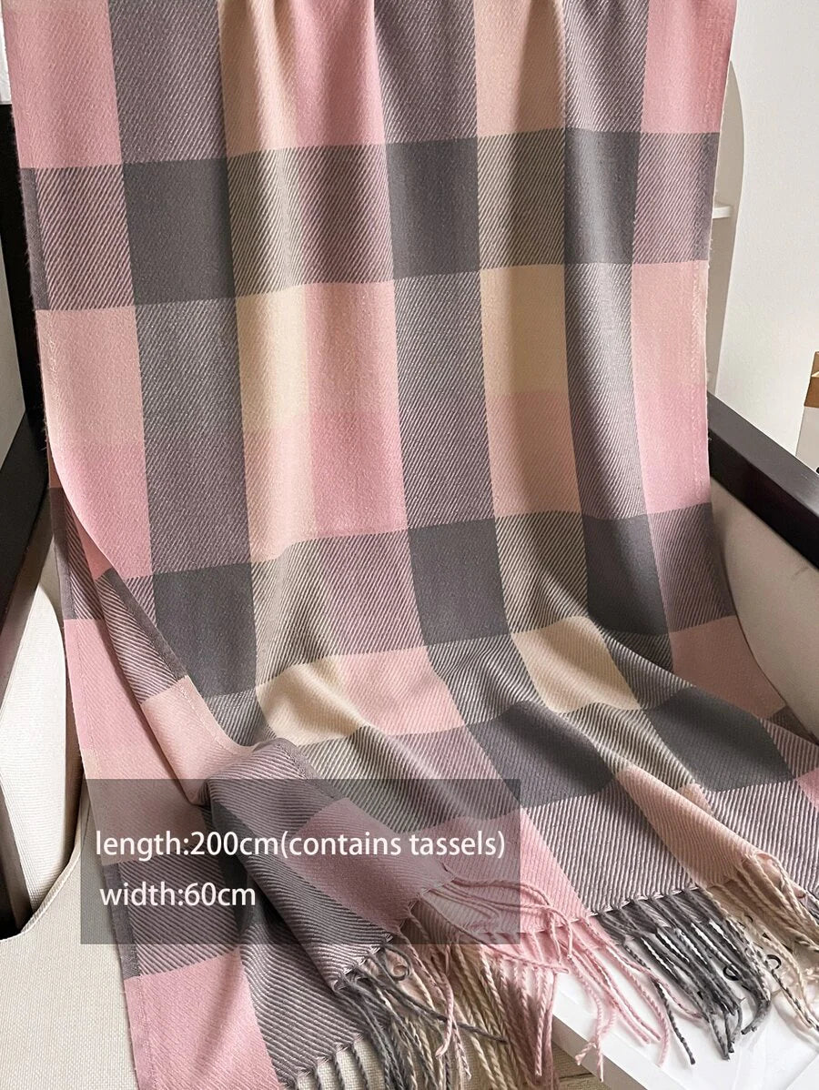 1pc Woman Winter New Head Scarf Imitation Cashmere Plaid Ladies Scarves , Simple Fashion Tassel Ring Scarf Warm Shawl Blanket Unisex Cold, Suitable For Winter Scarf