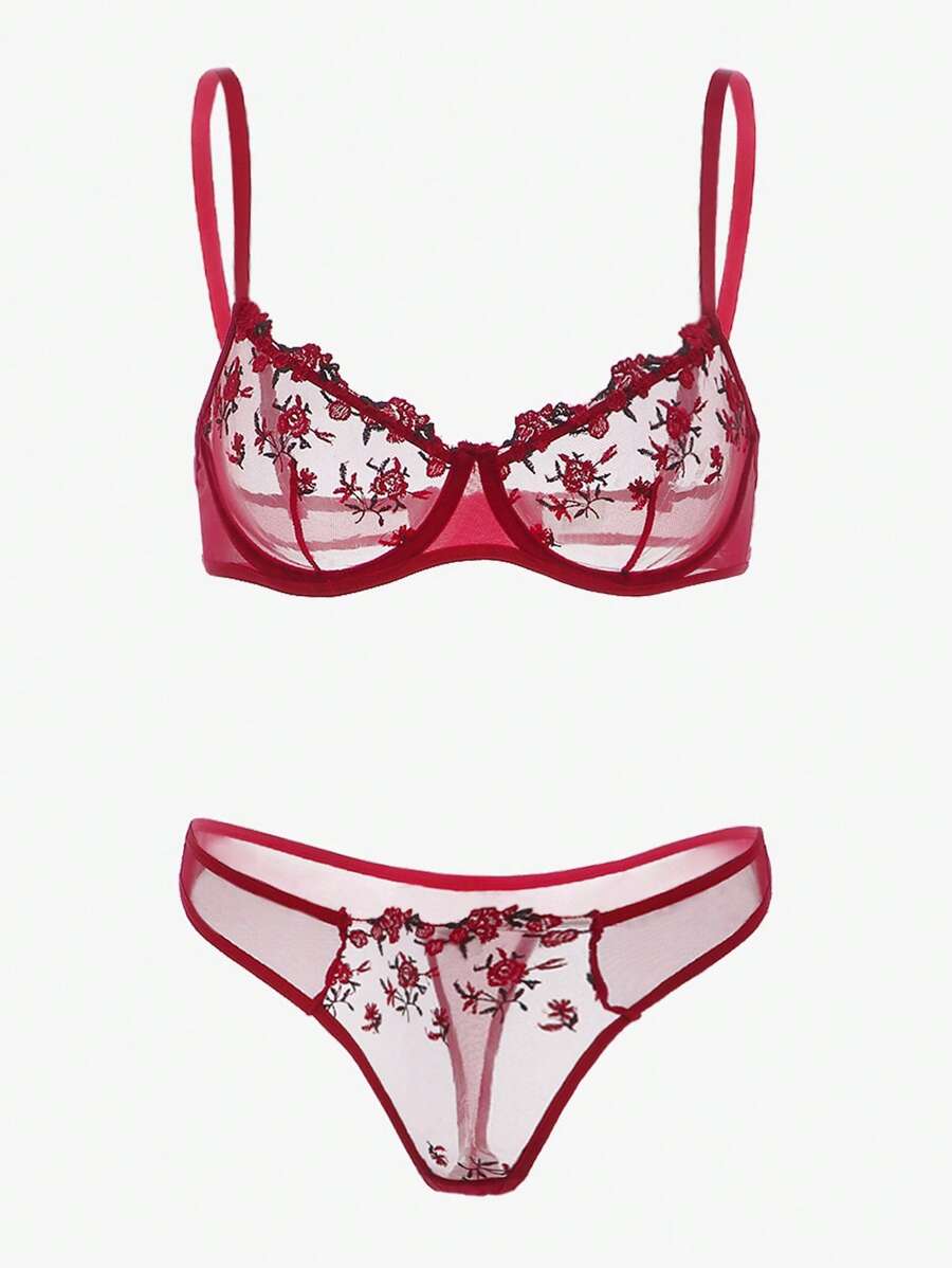 Floral Embroidery Mesh Underwire Bra & Panty Lingerie Set