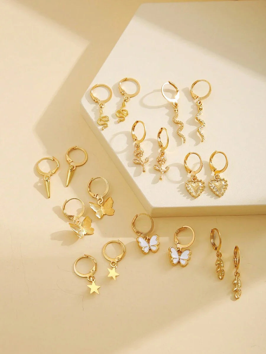 18pcs Fashionable Butterfly Hearts 5-pointed Star Flower Leaf Decorated Earrings Set Suitable For Ladies' Daily Wear