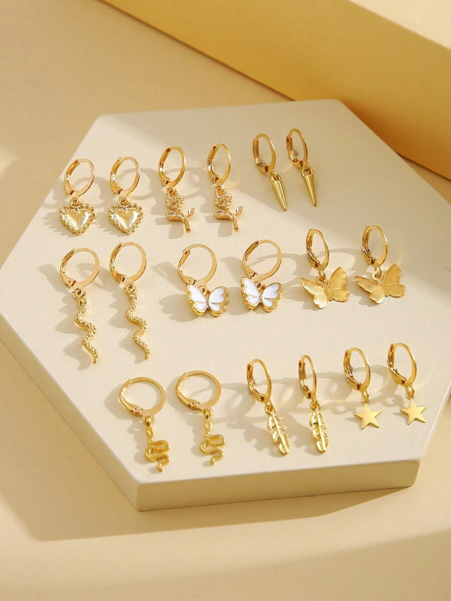 18pcs Fashionable Butterfly Hearts 5-pointed Star Flower Leaf Decorated Earrings Set Suitable For Ladies' Daily Wear