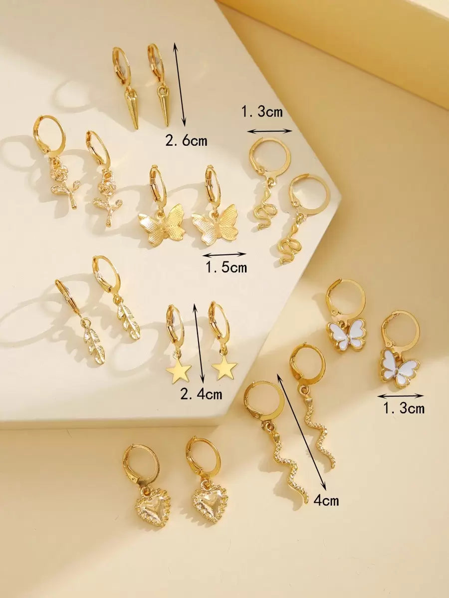 18pcs Fashionable Butterfly Hearts 5-pointed Star Flower Leaf Decorated Earrings Set Suitable For Ladies' Daily Wear