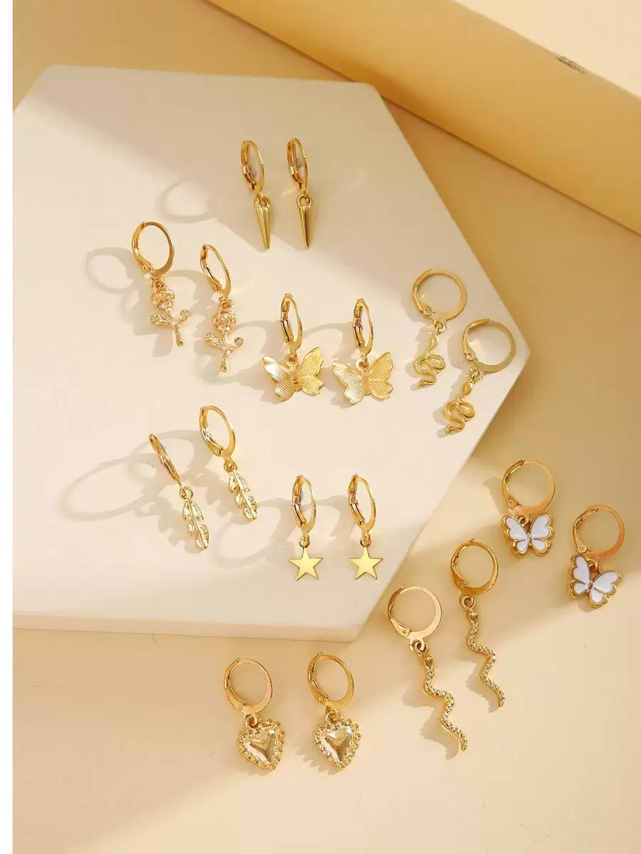 18pcs Fashionable Butterfly Hearts 5-pointed Star Flower Leaf Decorated Earrings Set Suitable For Ladies' Daily Wear