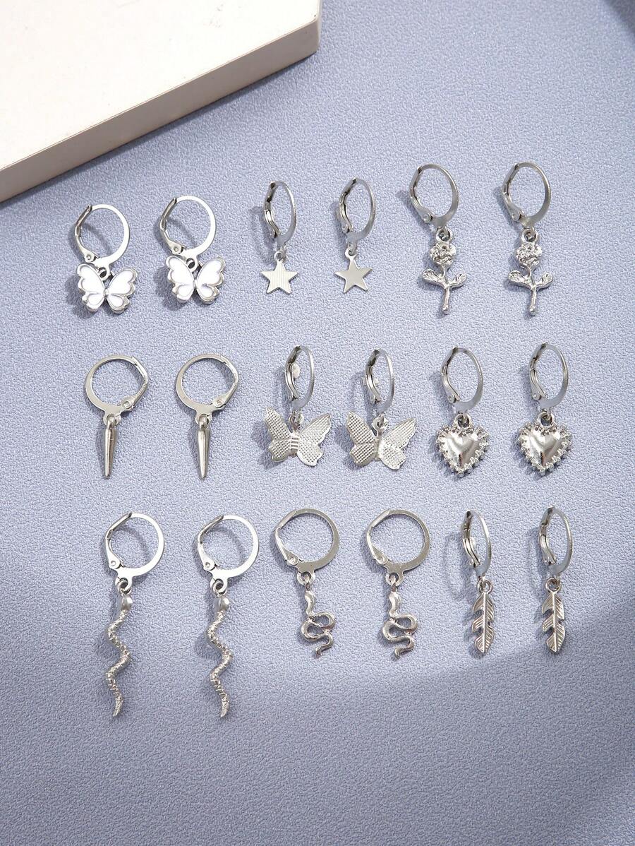 18pcs Fashionable Butterfly Hearts 5-pointed Star Flower Leaf Decorated Earrings Set Suitable For Ladies' Daily Wear
