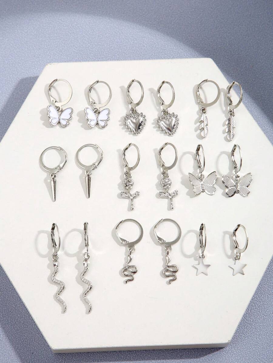 18pcs Fashionable Butterfly Hearts 5-pointed Star Flower Leaf Decorated Earrings Set Suitable For Ladies' Daily Wear