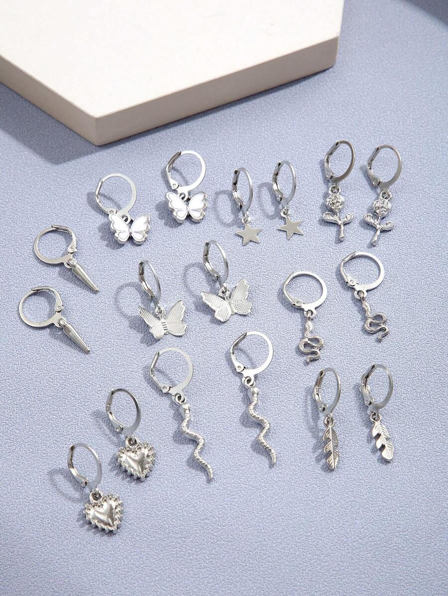 18pcs Fashionable Butterfly Hearts 5-pointed Star Flower Leaf Decorated Earrings Set Suitable For Ladies' Daily Wear