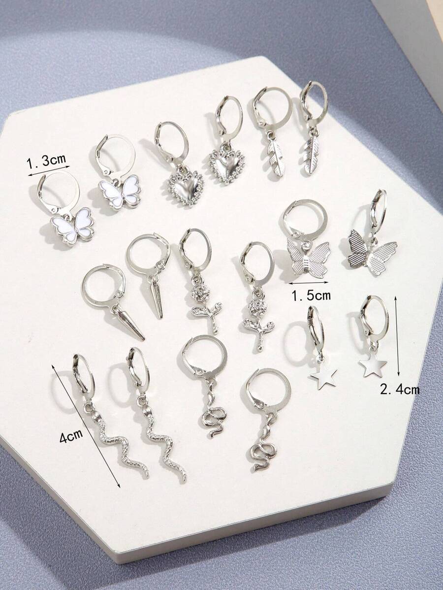 18pcs Fashionable Butterfly Hearts 5-pointed Star Flower Leaf Decorated Earrings Set Suitable For Ladies' Daily Wear