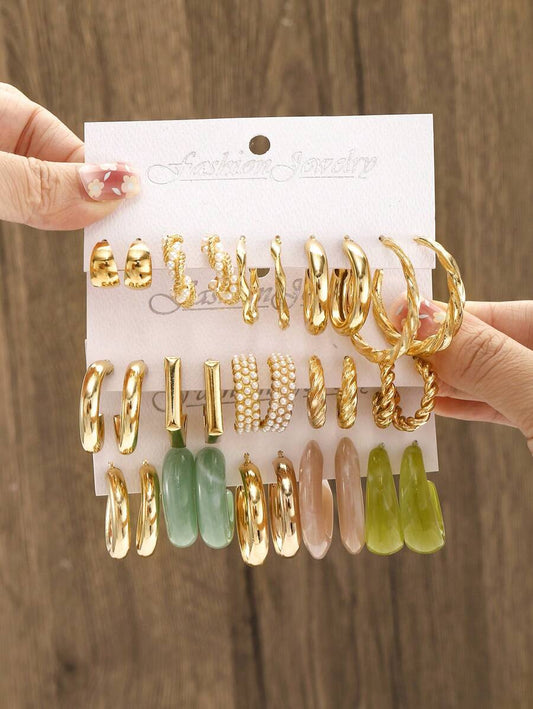 15pairs/Set Fashionable Metal Faux Pearl & Acrylic Resin C-Shaped Decor Earrings Set, Suitable For Daily Wear
