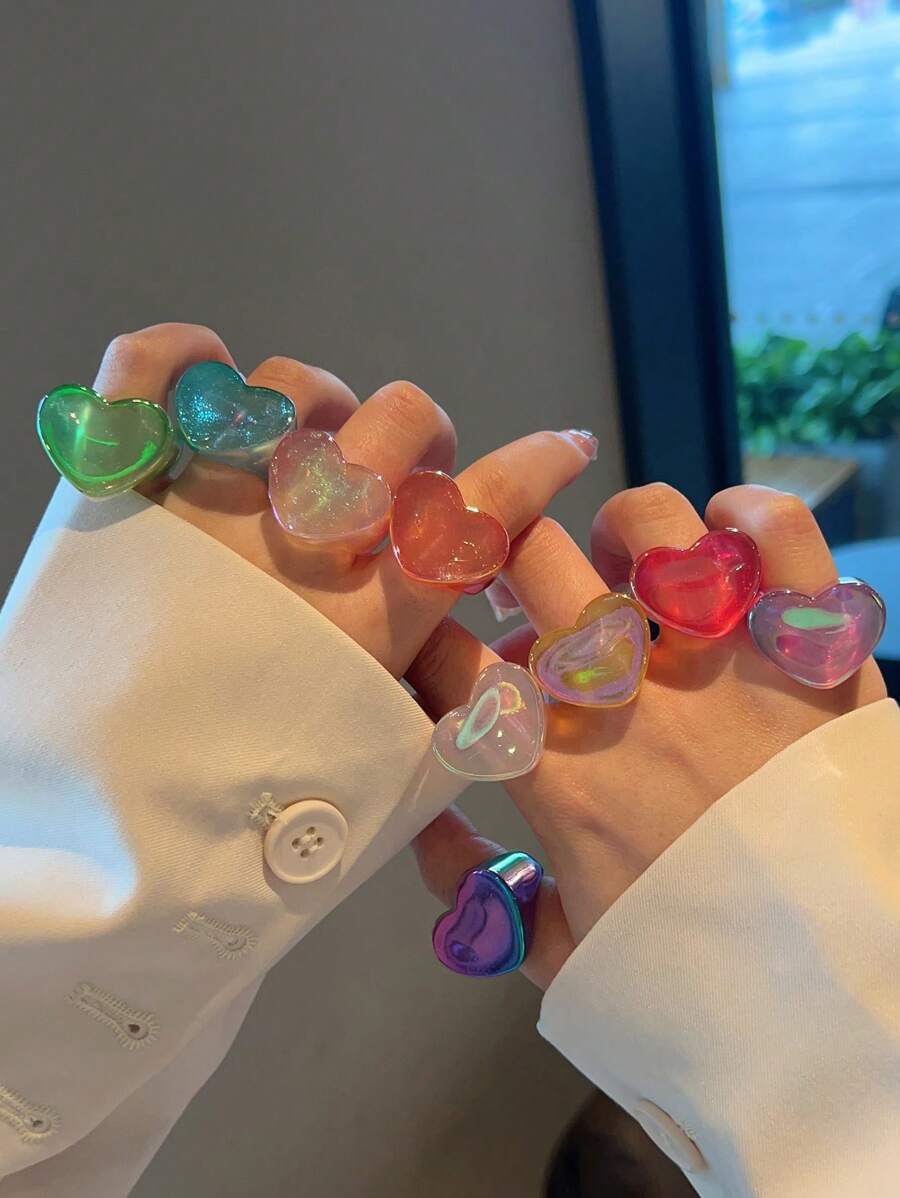 9pcs/Set Fashionable & Popular Colorful Resin Heart-Shaped Rings For Women, Punk Style, Party Gift Accessories Valentines