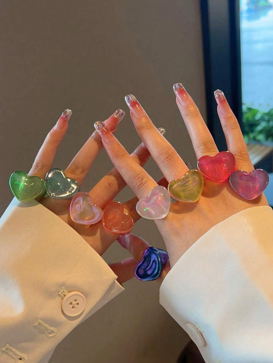 9pcs/Set Fashionable & Popular Colorful Resin Heart-Shaped Rings For Women, Punk Style, Party Gift Accessories Valentines