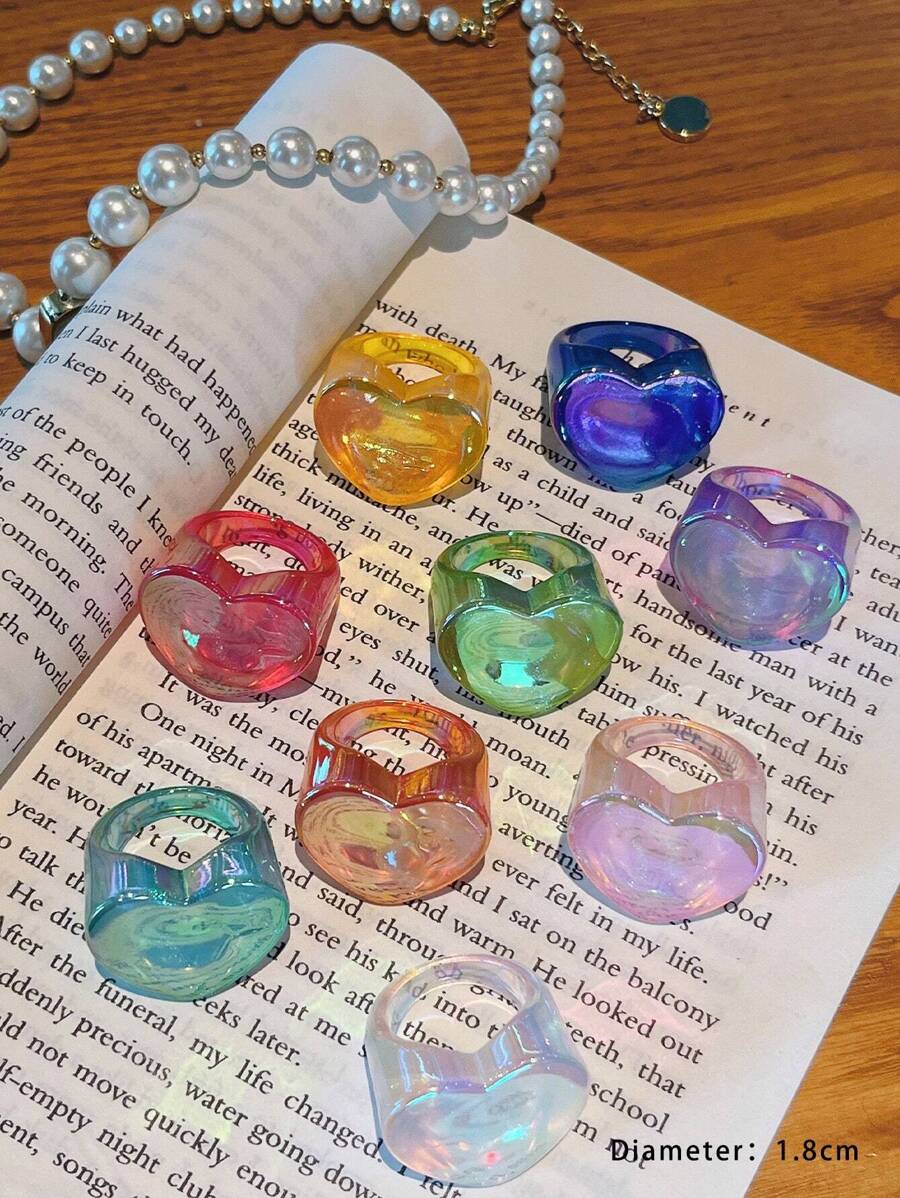 9pcs/Set Fashionable & Popular Colorful Resin Heart-Shaped Rings For Women, Punk Style, Party Gift Accessories Valentines